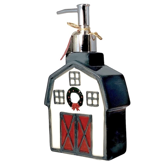 Christmas Soap Lotion Dispenser Barn Wreath Ceramic Hand Painted Grey Red White - Picture 2 of 16